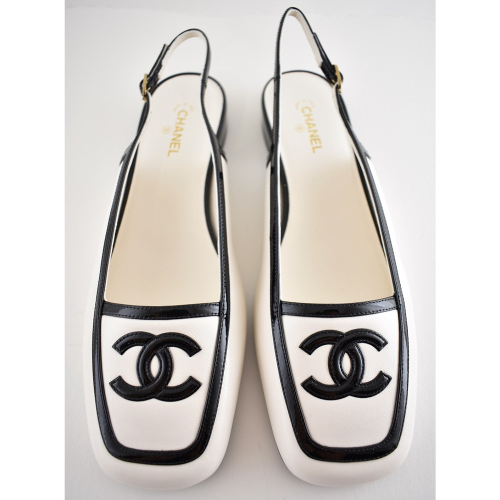 Chanel 26B White Black Square Toe CC Logo Slingback Ballet Ballerina Flat 39 - Picture 11 of 16